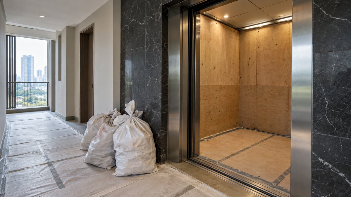 Condo service lift lined with plywood protection boards, with bagged renovation debris waiting in the corridor