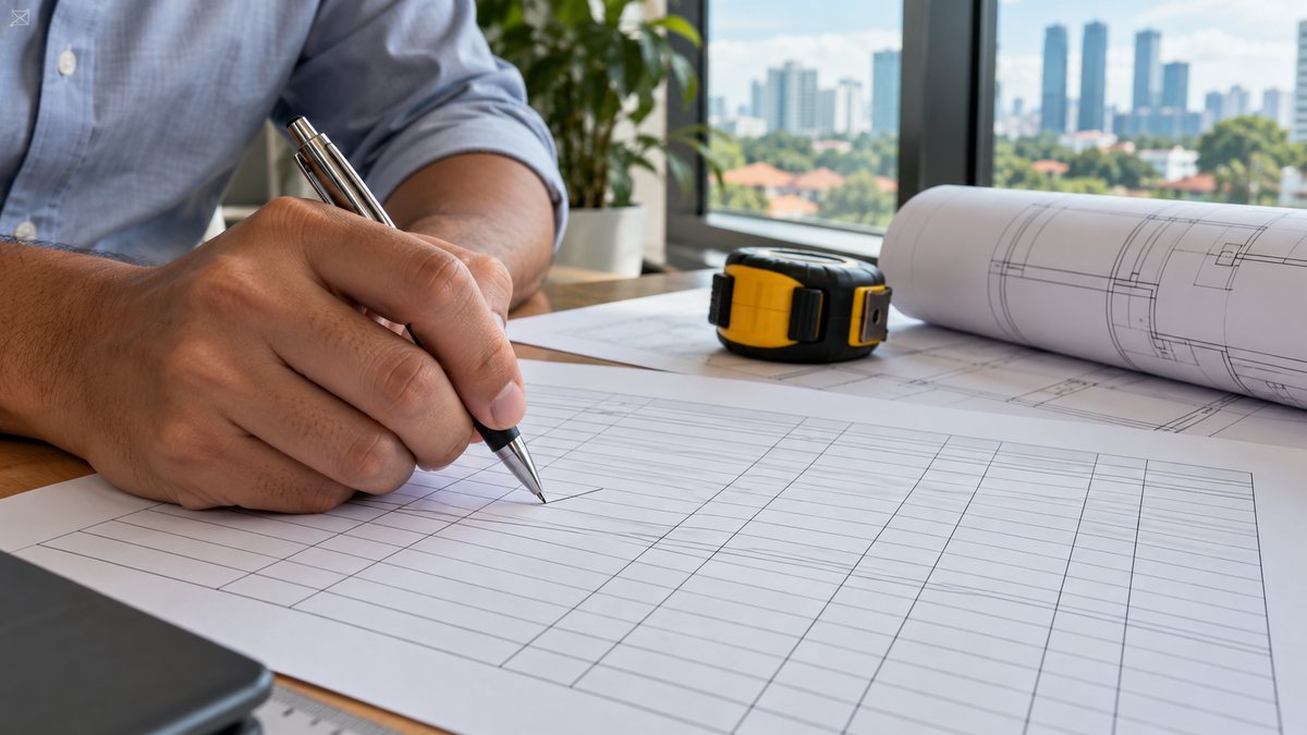 A quantity surveyor marking up the quantity, unit, rate and amount columns of a printed BOQ page