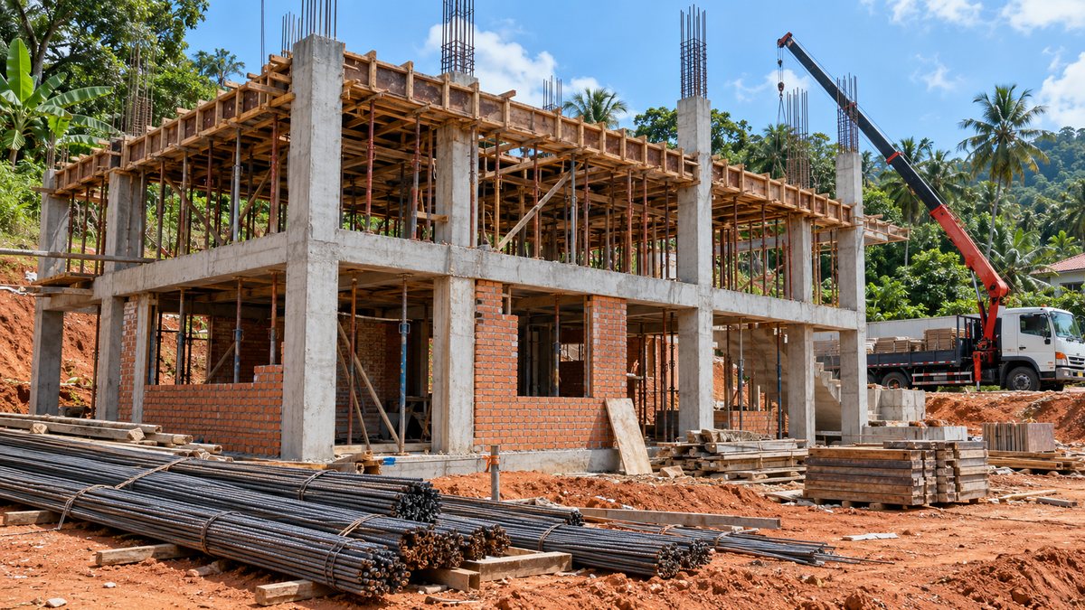 Bungalow under construction in Malaysia with concrete columns and first-floor beams, formwork props and brickwork rising on the ground floor