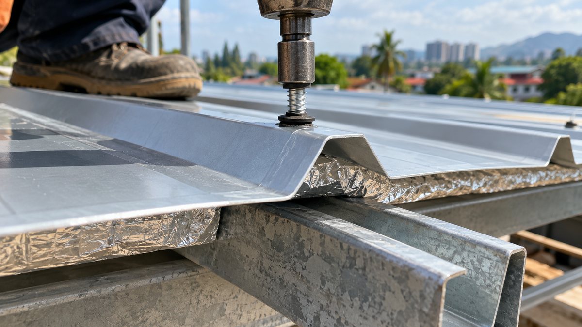 Skru pemasangan sendiri dengan washer getah diskru pada rabung kepingan metal deck, dengan purlin C-channel dan foil aluminium di bawahnya