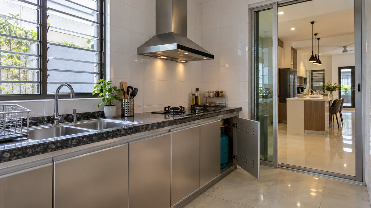 Terrace house wet kitchen with full-height tiles, aluminium cabinets, granite worktop, gas hob and a glass sliding partition to the dry kitchen