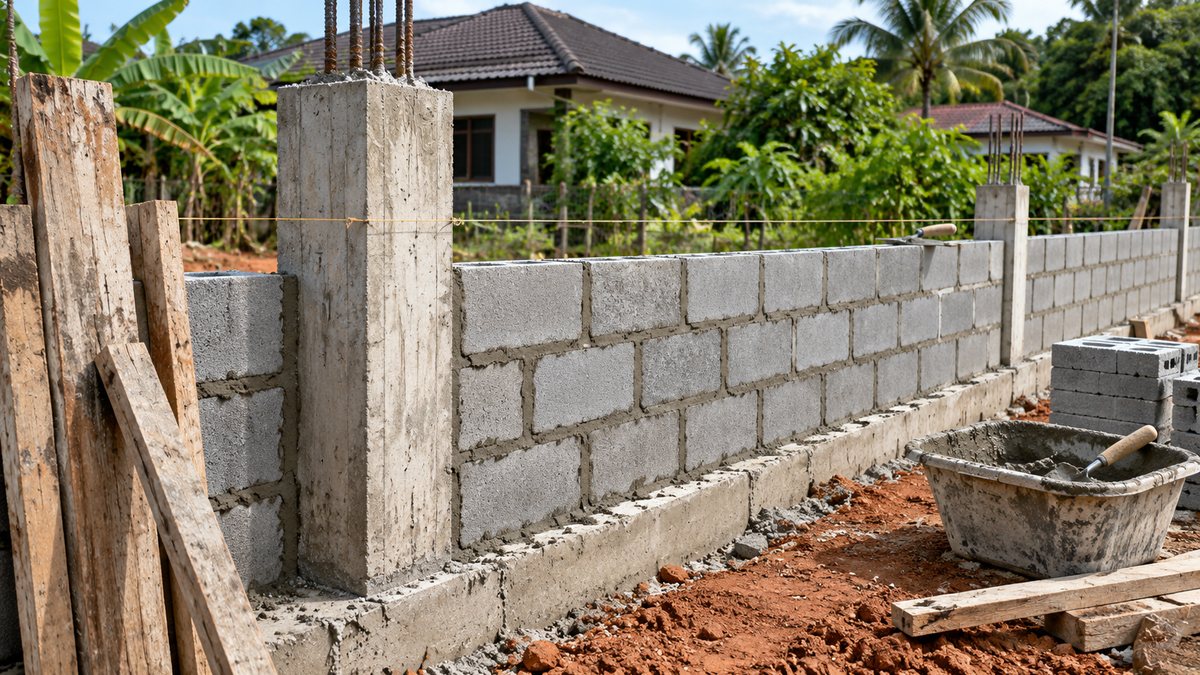 Pagar batu yang separuh siap di atas asas konkrit, dengan tiang konkrit bertetulang dan tali aras tukang batu